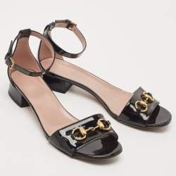 Gucci Black Patent Leather Horsebit Ankle Strap Sandals Size 40
