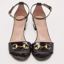 Gucci Black Patent Leather Horsebit Ankle Strap Sandals Size 40