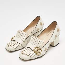 Gucci Cream Leather GG Marmont Fringe Block Heel Pumps Size 37