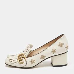 Gucci Cream Leather GG Marmont Fringe Block Heel Pumps Size 37