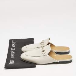 مملوكة مسبقًا Gucci Grey Leather Princetown Horsebit Flat Mules Size 37