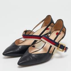 Gucci Black Leather Sylvie Web Strap Bamboo Heel Pumps Size 38.5