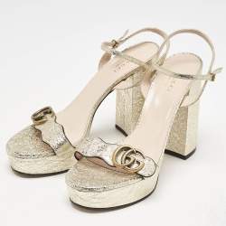 Gucci Gold Foil Leather GG Marmont Ankle Strap Sandals Size 39