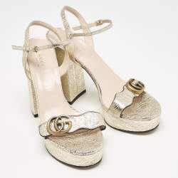 Gucci Gold Foil Leather GG Marmont Ankle Strap Sandals Size 39