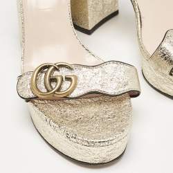 Gucci Gold Foil Leather GG Marmont Ankle Strap Sandals Size 39
