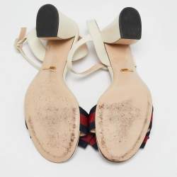 Gucci Cream Leather Web Bow Flower Block Heel Ankle Strap Sandals Size 41