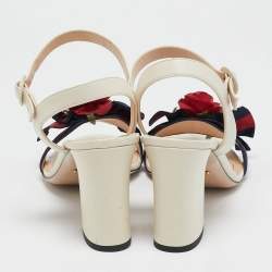 Gucci Cream Leather Web Bow Flower Block Heel Ankle Strap Sandals Size 41