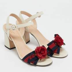Gucci Cream Leather Web Bow Flower Block Heel Ankle Strap Sandals Size 41