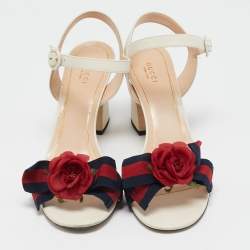 Gucci Cream Leather Web Bow Flower Block Heel Ankle Strap Sandals Size 41