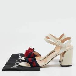 Gucci Cream Leather Web Bow Flower Block Heel Ankle Strap Sandals Size 41