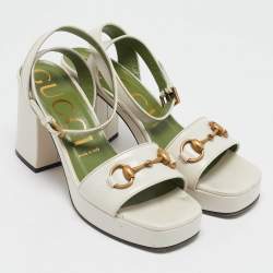 Gucci Cream Leather GG Marmont Platform Block Heel Ankle Strap Sandals Size 38.5