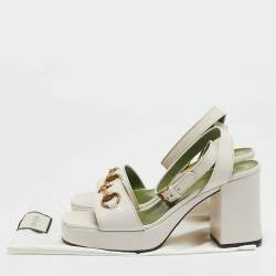 Gucci Cream Leather GG Marmont Platform Block Heel Ankle Strap Sandals Size 38.5