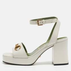 Gucci Cream Leather GG Marmont Platform Block Heel Ankle Strap Sandals Size 38.5
