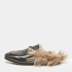 Gucci Black Leather Fur Lined Princetown Flat Mules Size 37