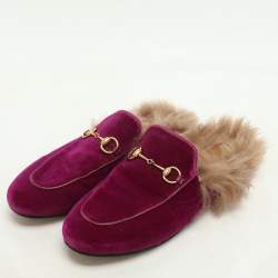 Pre Owned Gucci Purple Velvet Fur Lined Prince town Mules Size 38.5