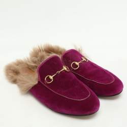 Pre Owned Gucci Purple Velvet Fur Lined Prince town Mules Size 38.5