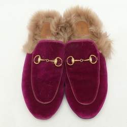 Pre Owned Gucci Purple Velvet Fur Lined Prince town Mules Size 38.5