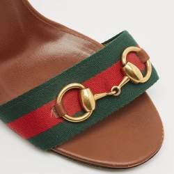 Pre Owned Gucci Brown Leather Web Horsebit Ankle Strap Sandals Size 38