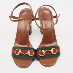 Pre Owned Gucci Brown Leather Web Horsebit Ankle Strap Sandals Size 38