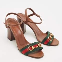 Pre Owned Gucci Brown Leather Web Horsebit Ankle Strap Sandals Size 38