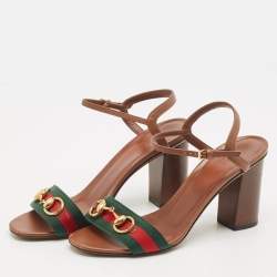 Pre Owned Gucci Brown Leather Web Horsebit Ankle Strap Sandals Size 38