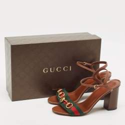 Pre Owned Gucci Brown Leather Web Horsebit Ankle Strap Sandals Size 38