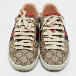 Gucci Beige GG Supreme Canvas Web Ace Low Top Sneakers Size 35