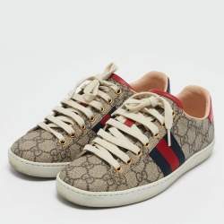 Gucci Beige GG Supreme Canvas Web Ace Low Top Sneakers Size 35
