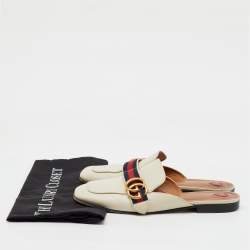 Pre Owned Gucci Off White Leather Peyton Square Toe Flat Mules Size 38