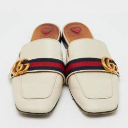Pre Owned Gucci Off White Leather Peyton Square Toe Flat Mules Size 38