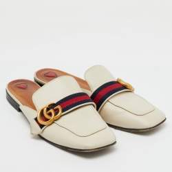 Pre Owned Gucci Off White Leather Peyton Square Toe Flat Mules Size 38