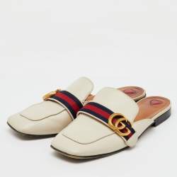Pre Owned Gucci Off White Leather Peyton Square Toe Flat Mules Size 38