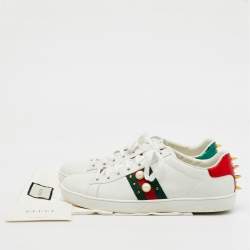 Gucci White Leather New Ace Web Faux Pearl Embellished Low Top Sneakers Size 40