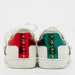Gucci White Leather New Ace Web Faux Pearl Embellished Low Top Sneakers Size 40