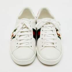 Gucci White Leather New Ace Web Faux Pearl Embellished Low Top Sneakers Size 40