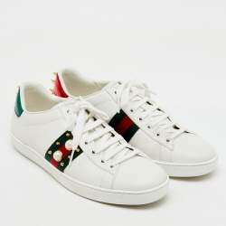 Gucci White Leather New Ace Web Faux Pearl Embellished Low Top Sneakers Size 40