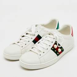 Gucci White Leather New Ace Web Faux Pearl Embellished Low Top Sneakers Size 40