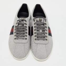 Gucci Silver Glitter Bambi Web Studded Low Top Sneakers Size 40