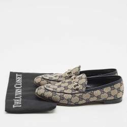 Gucci Beige/Blue GG Canvas and Leather Jordaan Horsebit Loafers Size 37