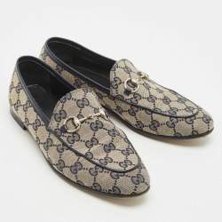 Gucci Beige/Blue GG Canvas and Leather Jordaan Horsebit Loafers Size 37