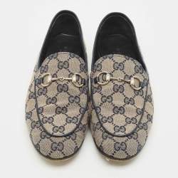 Gucci Beige/Blue GG Canvas and Leather Jordaan Horsebit Loafers Size 37