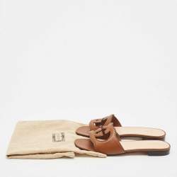 مملوكة مسبقًا Gucci Brown Leather Interlocking G Cut Out Flat Slides Size 38.5