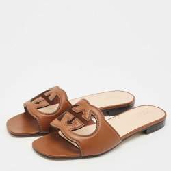مملوكة مسبقًا Gucci Brown Leather Interlocking G Cut Out Flat Slides Size 38.5