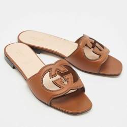 مملوكة مسبقًا Gucci Brown Leather Interlocking G Cut Out Flat Slides Size 38.5