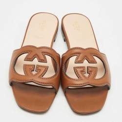 مملوكة مسبقًا Gucci Brown Leather Interlocking G Cut Out Flat Slides Size 38.5