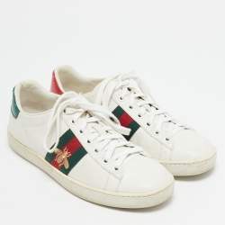 Gucci White Leather Web Detail Bee Embroidered Ace Low Top Sneakers Size 35.5