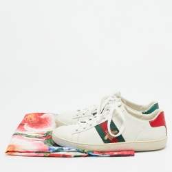 Gucci White Leather Web Detail Bee Embroidered Ace Low Top Sneakers Size 35.5