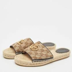 Pre Owned Gucci Beige/Black GG Canvas Double G Espadrille Flats Size 39.5