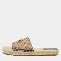 Pre Owned Gucci Beige/Black GG Canvas Double G Espadrille Flats Size 39.5