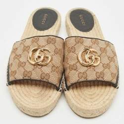Pre Owned Gucci Beige/Black GG Canvas Double G Espadrille Flats Size 39.5